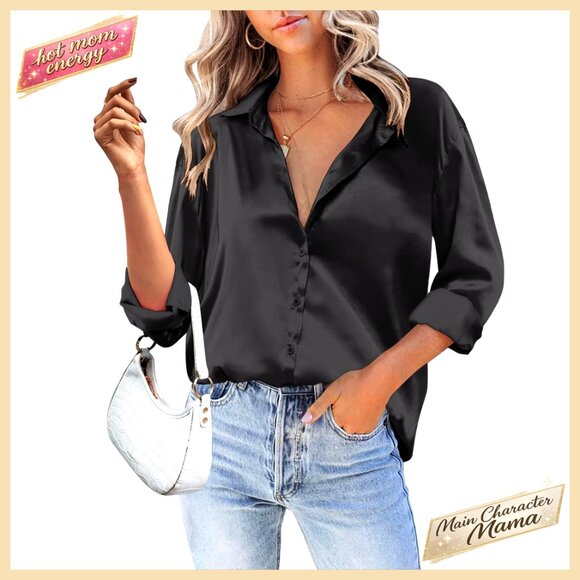 Satin Button Down Shirt Long Sleeve V Neck Blouse Business Casual Tunic